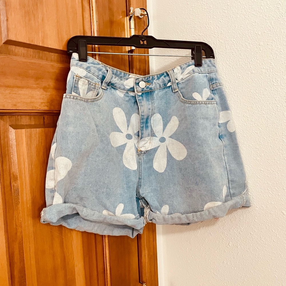 Floral Denim Midi Shorts